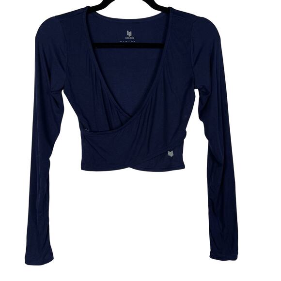 New Ododos Small Navy Blue Cropped Cross Wrap Front Long Sleeve Top Deep V Neck - Picture 1 of 10